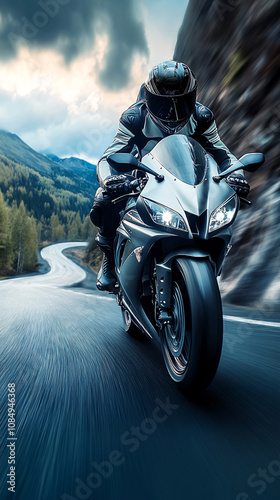 A gray sport motobike is being driven by an attractive male rider wearing black gear. The motobike has a very high speed,  photo