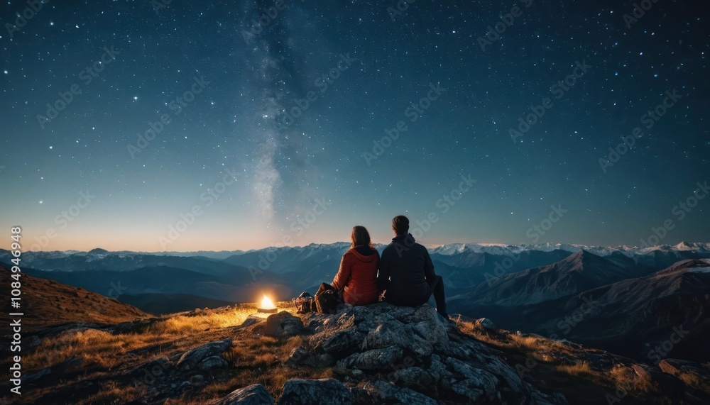 Fototapeta premium Couple sitting on a mountain under a starlit sky. Outdoor astronomy hobby