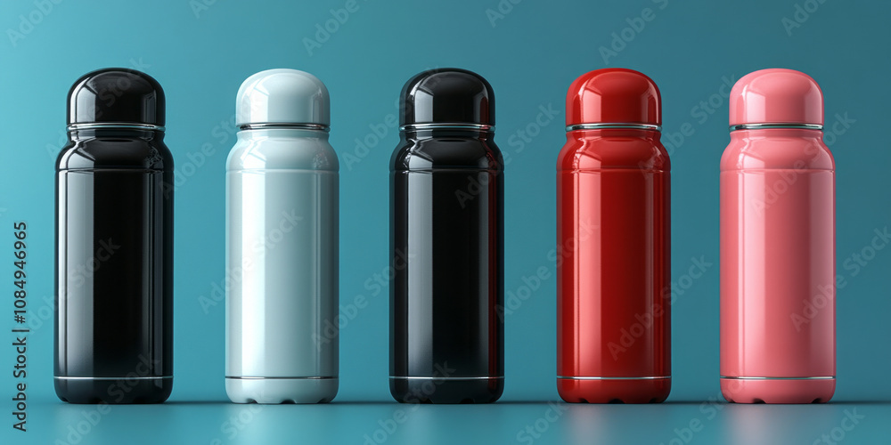 White, Black, Red and Silver Empty Glossy Metal Thermos Water Bottle