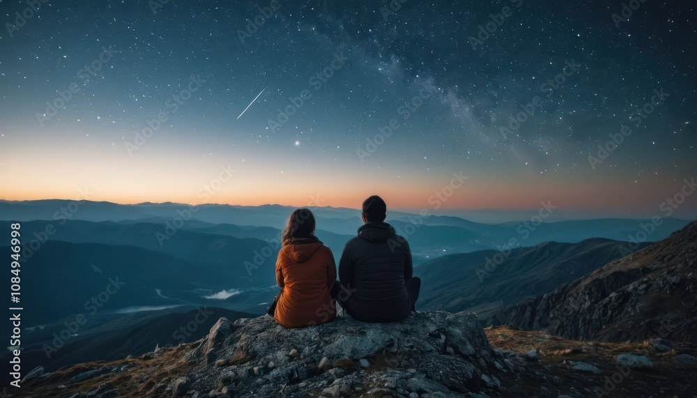 Couple sitting on a mountain under a starlit sky. Outdoor astronomy hobby Couple sitting on a mountain under a starlit sky. Outdoor astronomy hobby