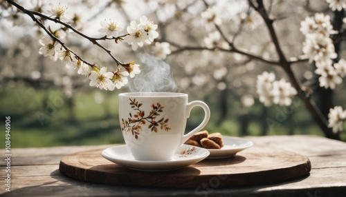 White Coffee Mug with Blossoming Branches, A Springtime Breakfast Mood Background