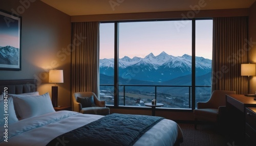 A hotel bedroom with a view of snowy mountains at dusk. Embracing the sleep tourism trend for healthy living, travel, adventure, and wellness