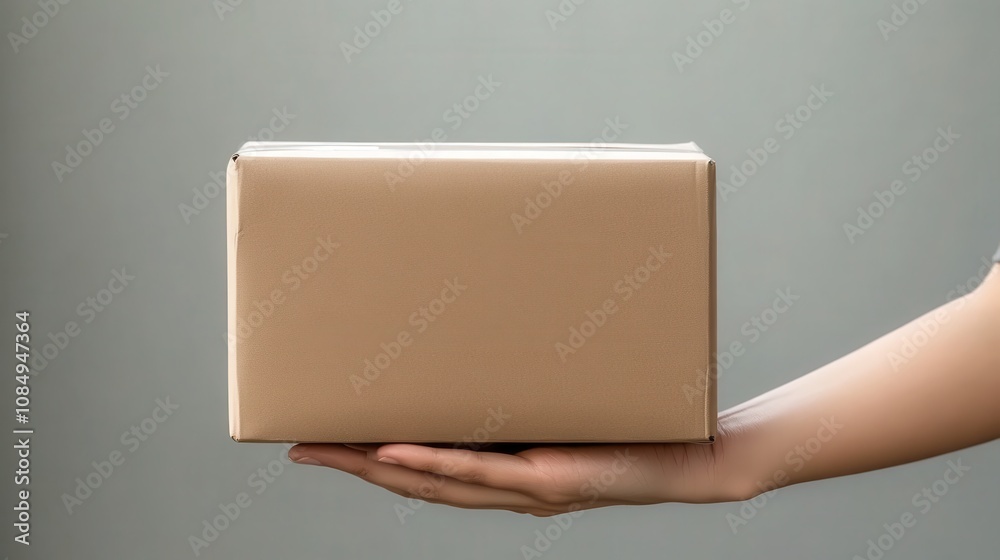 Fototapeta premium A person holds a plain brown cardboard box against a neutral background, suggesting themes of delivery, packaging, or gifting.