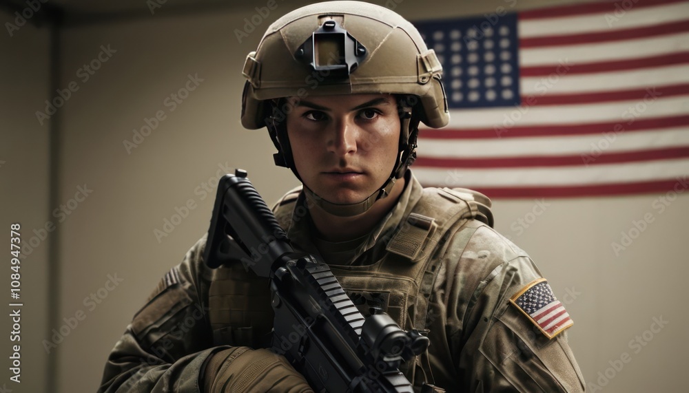 An American soldier in full camouflage gear, wearing a tactical helmet & flag, looking serious, Patriot and American Poster
An American soldier in full camouflage gear, wearing a tactical helmet & flag, looking serious, Patriot and American Poster