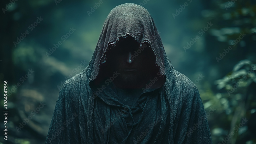 Person wearing a cloak hoodie in the deep forest at night, horror movie scene featuring a man in black clothes in the dark jungle at night