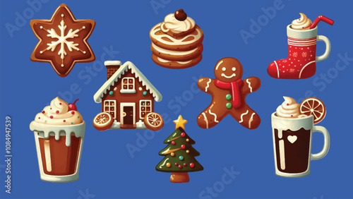 illustration of Christmas cookies, hot cocoa, gingerbread houses, pancake and holiday cocktails 