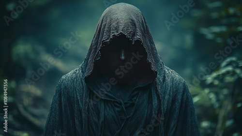 Obraz na płótnie Person wearing a cloak hoodie in the deep forest at night, horror movie scene featuring a man in black clothes in the dark jungle at night w salonie