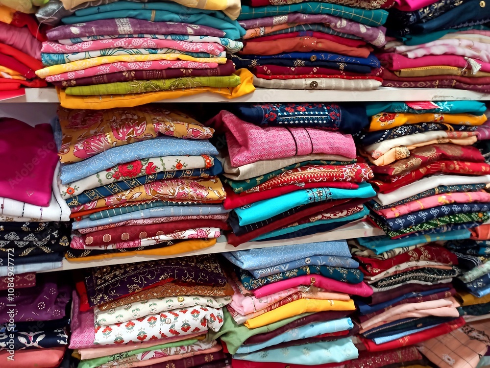 Folded kurti collection arranged on shelves of clothing store Folded kurti collection arranged on shelves of clothing store