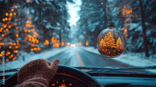 interior car long suburban road Christmas time over shoulder of man driving through window