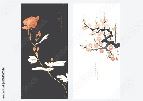 Japanese background with Asian traditional icon vector. Flower, wave pattern, bamboo elements. Geometric pattern in vintage style. Invitation card design.