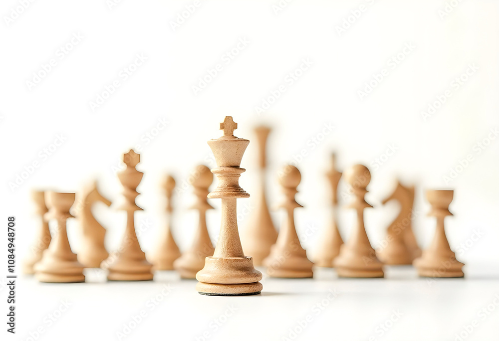 Chess King: A solitary white chess king stands tall and resolute, leading a blurred line of fellow pieces in a strategic and powerful visual metaphor for leadership, dominance, and vision. Chess King: A solitary white chess king stands tall and resolute, leading a blurred line of fellow pieces in a strategic and powerful visual metaphor for leadership, dominance, and vision.