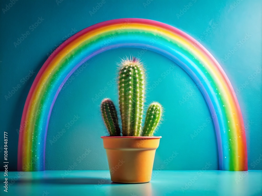 A Colorful Cactus in a Pot Under a Rainbow: Architectural Photography of a Vibrant Plant Against a Pastel Blue Background for Modern Decor and Nature Lovers A Colorful Cactus in a Pot Under a Rainbow: Architectural Photography of a Vibrant Plant Against a Pastel Blue Background for Modern Decor and Nature Lovers