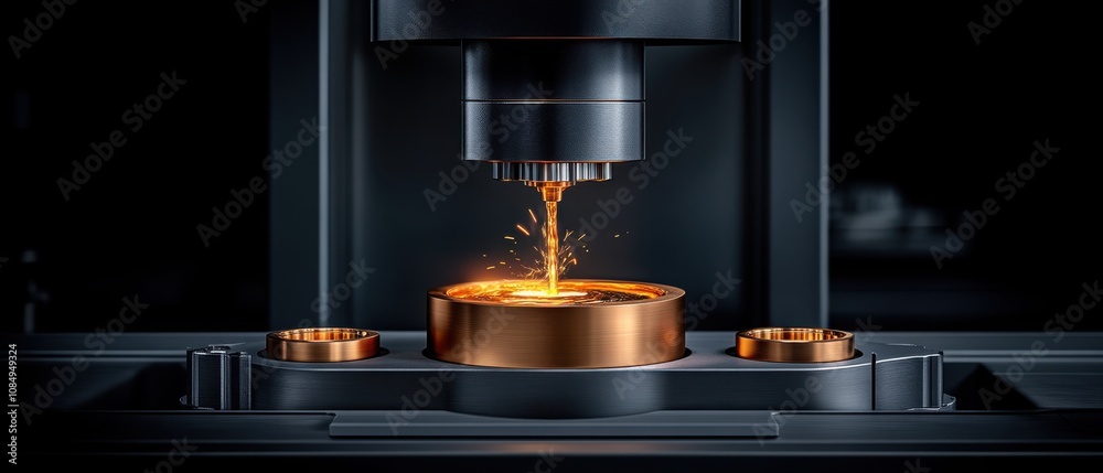 A high-tech industrial scene showing molten metal being shaped under a precision press, with sparks flying in a dark, focused environment. A high-tech industrial scene showing molten metal being shaped under a precision press, with sparks flying in a dark, focused environment.