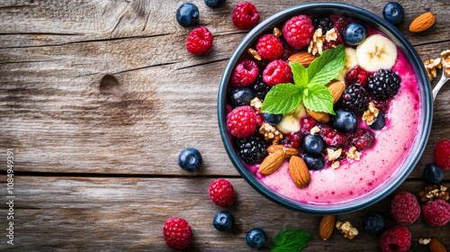 Delicious smoothie bowl topped with fresh berries, banana, and nuts