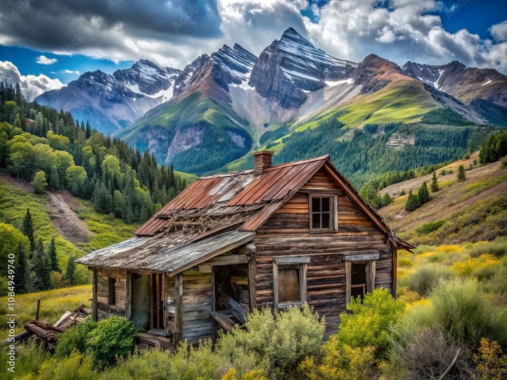 Fototapeta premium Abandoned House Amidst Majestic Mountains: Nature's Reclamation of Human Structures Captured in Macro Photography, Highlighting Desolation and Serenity in the Wilderness