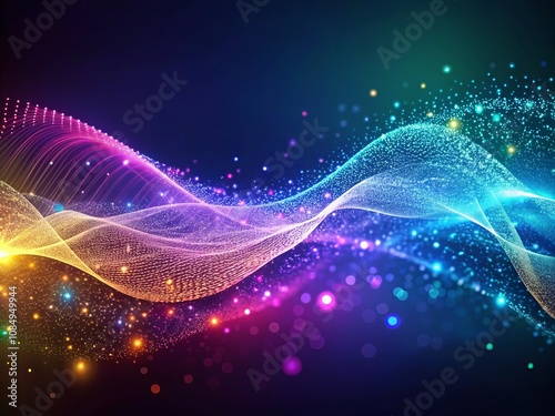 Abstract Gradient Hologram Waves of Particles with Dynamic Flow, Perfect for Digital Wallpaper or Technology Background, Featuring Copy Space for Creative Design Elements