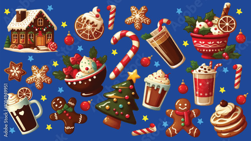 illustration of Christmas cookies, hot cocoa, gingerbread houses, pancake and holiday cocktails 