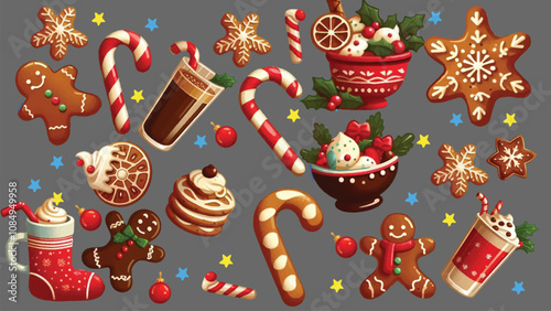 illustration of Christmas cookies, hot cocoa, gingerbread houses, pancake and holiday cocktails 