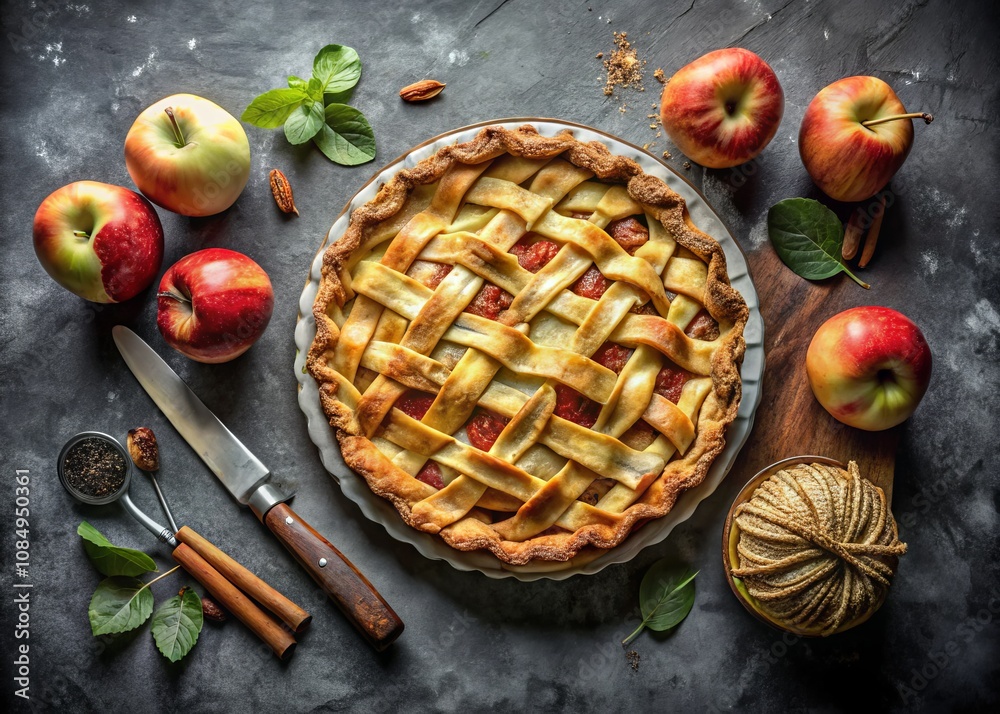 Aerial View of a Delicious Homemade Apple Pie on a Rustic Gray Metal Surface, Capturing the Golden Crust and Juicy Apple Filling in a Cozy Kitchen Setting Aerial View of a Delicious Homemade Apple Pie on a Rustic Gray Metal Surface, Capturing the Golden Crust and Juicy Apple Filling in a Cozy Kitchen Setting