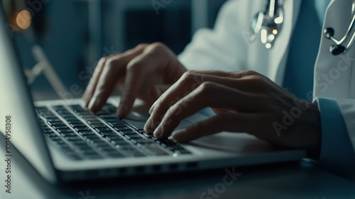 Close-up of Doctor's Hands Typing on a Laptop Keyboard photo