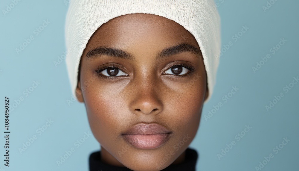 Young woman with beautiful skin wearing a cream beanie against a light blue background Young woman with beautiful skin wearing a cream beanie against a light blue background