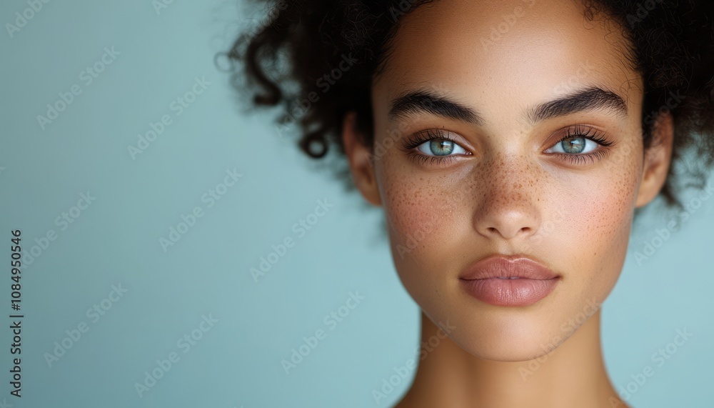 Young woman with curly hair and striking blue eyes poses against a light background Young woman with curly hair and striking blue eyes poses against a light background