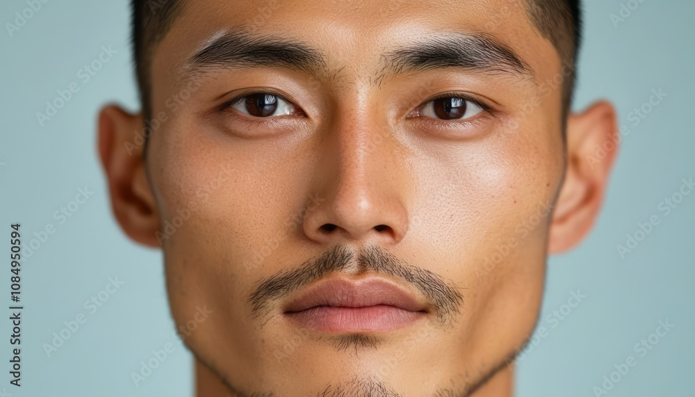 Young man with sharp features and intense gaze in a minimalistic background
