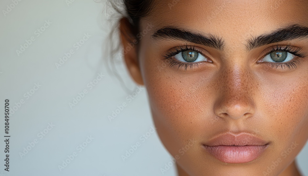A young woman showcases her captivating blue eyes and flawless skin in soft lighting