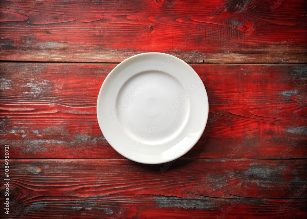 Aerial View of an Empty White Plate on a Rustic Wooden Table with a Vibrant Red Grunge Background for Food Photography and Dining Concepts Aerial View of an Empty White Plate on a Rustic Wooden Table with a Vibrant Red Grunge Background for Food Photography and Dining Concepts