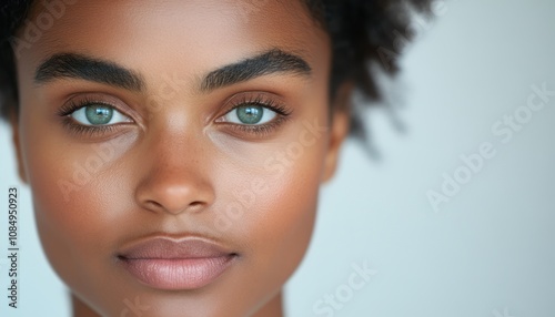 A close-up view capturing a woman's radiant complexion and vibrant blue eyes