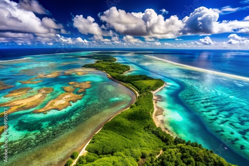 Fototapeta Naklejka Na Ścianę i Meble -  Aerial View of South Island in New Caledonia Showcasing the Great Barrier Reef with Turquoise Waters, Coral Reefs, Lush Landscapes, and Vibrant Wildlife in a Serene Atmosphere