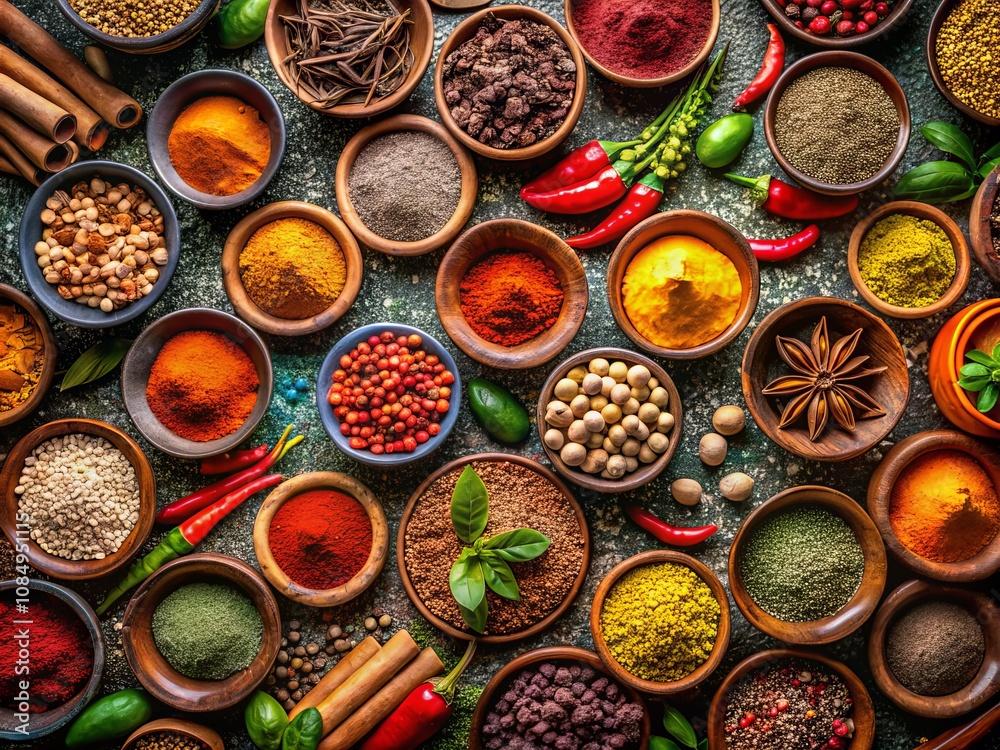 Aromatic Display of Colorful Spices in Small Cups on Dark Background for Culinary Inspiration and Food Photography Aromatic Display of Colorful Spices in Small Cups on Dark Background for Culinary Inspiration and Food Photography