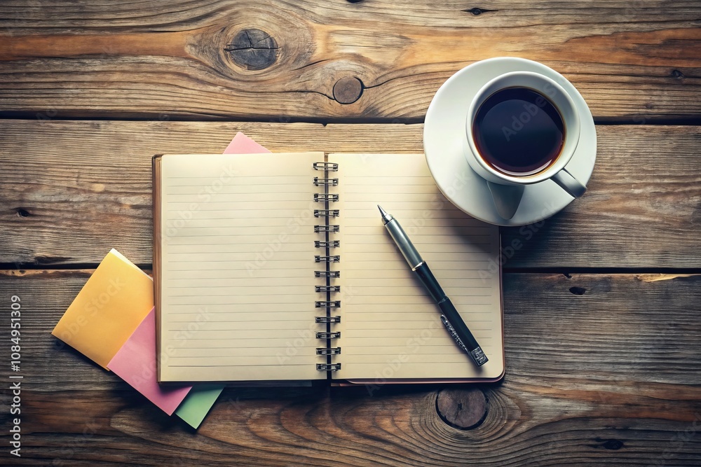 Blank Notebook Open on a Wooden Desk Surrounded by Inspirational Items for Creative Writing and Brainstorming Ideas with Plenty of Copy Space Available Blank Notebook Open on a Wooden Desk Surrounded by Inspirational Items for Creative Writing and Brainstorming Ideas with Plenty of Copy Space Available