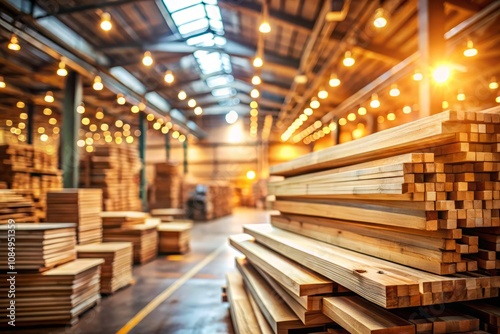 Bokeh Effect of Timber Stacks in a Sawmill Warehouse, Capturing the Beauty of Natural Wood Textures and the Craftsmanship of Joinery in a DIY Store Environment