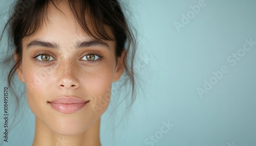 Young woman with natural beauty and glowing skin poses against a light blue background