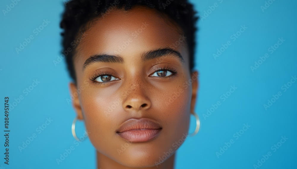 Young woman with short hair poses against a vibrant blue background, showcasing natural beauty Young woman with short hair poses against a vibrant blue background, showcasing natural beauty