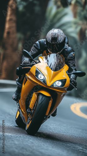 Motorcyclist on a yellow-tipped sports motorcycle, enters a turn and tilts the motorcycle,