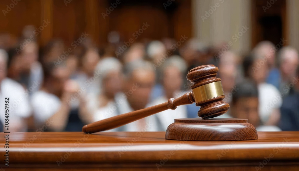 Courtroom gavel resting on wooden bench with audience present during legal proceedings Courtroom gavel resting on wooden bench with audience present during legal proceedings
