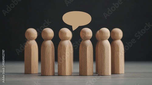 A group of wooden figures stands together, one figure speaks, indicated by a speech bubble, symbolizing communication and interaction.