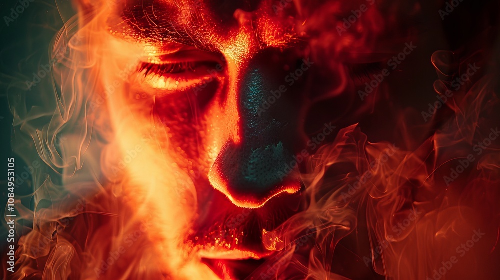 A Mesmerizing Close-Up of a Man's Face, Half Bathed in Soft Angelic Light and Half Engulfed in an Eerie Red Glow, Capturing the Duality of Kindness and Mischief A Mesmerizing Close-Up of a Man's Face, Half Bathed in Soft Angelic Light and Half Engulfed in an Eerie Red Glow, Capturing the Duality of Kindness and Mischief