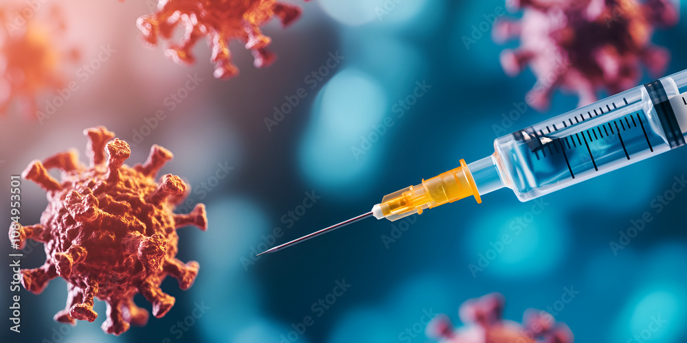Vial of Medicine and Syringe with Blue and Yellow Virus Background