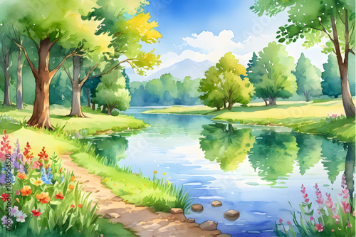 Peaceful River Flowing Through Green Hills with Flowers, white cloud and blue sky