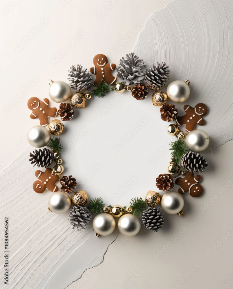 Christmas ornaments and pinecones form a wreath-like circle. Christmas ornaments and pinecones form a wreath-like circle.