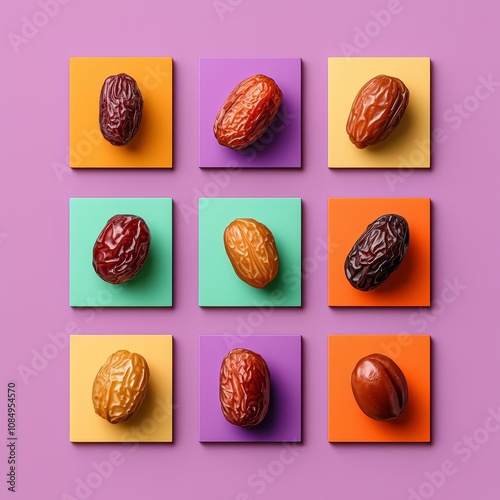 Sukkary rutab dates pastel concept. Assorted date textures, grid layout, gradient pastel background, 3D illustration photo