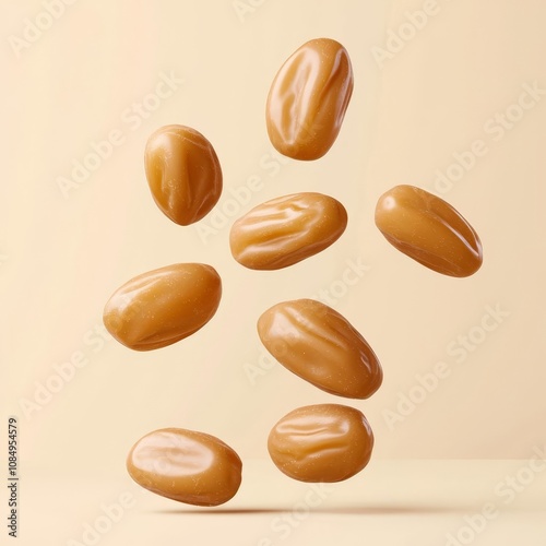 Sukkary rutab dates pastel concept. Dates in elegant formation, floating midair, soft cream background, 3D illustration photo