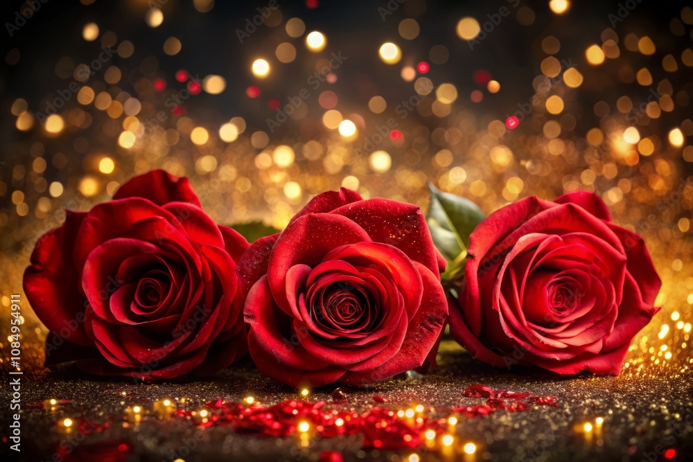 Elegant Red Roses with Golden Sparkles on Dark Background for Romantic and Festive Designs Elegant Red Roses with Golden Sparkles on Dark Background for Romantic and Festive Designs