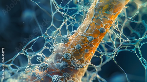 Microscopic View of a Mushroom Stem: Delicate Mycelium Network Intertwined with Thin Threads at the Base Revealing Nature's Intricacies