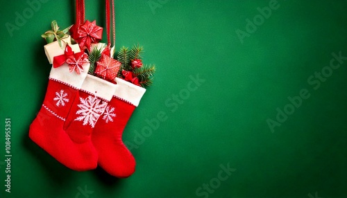 Red Christmas stocking with gifts on a green background, featuring festive decorations and holiday ornaments
