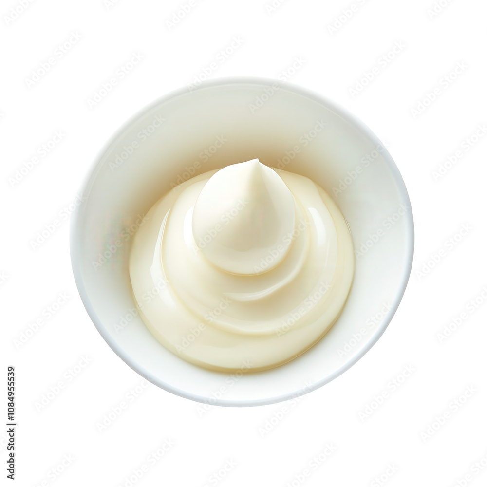 A white bowl with a white cream sauce in it