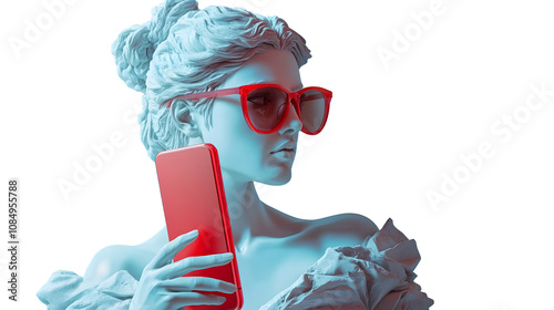 White marble sculpture of a woman with red sunglasses holding a red smartphone against a blue background